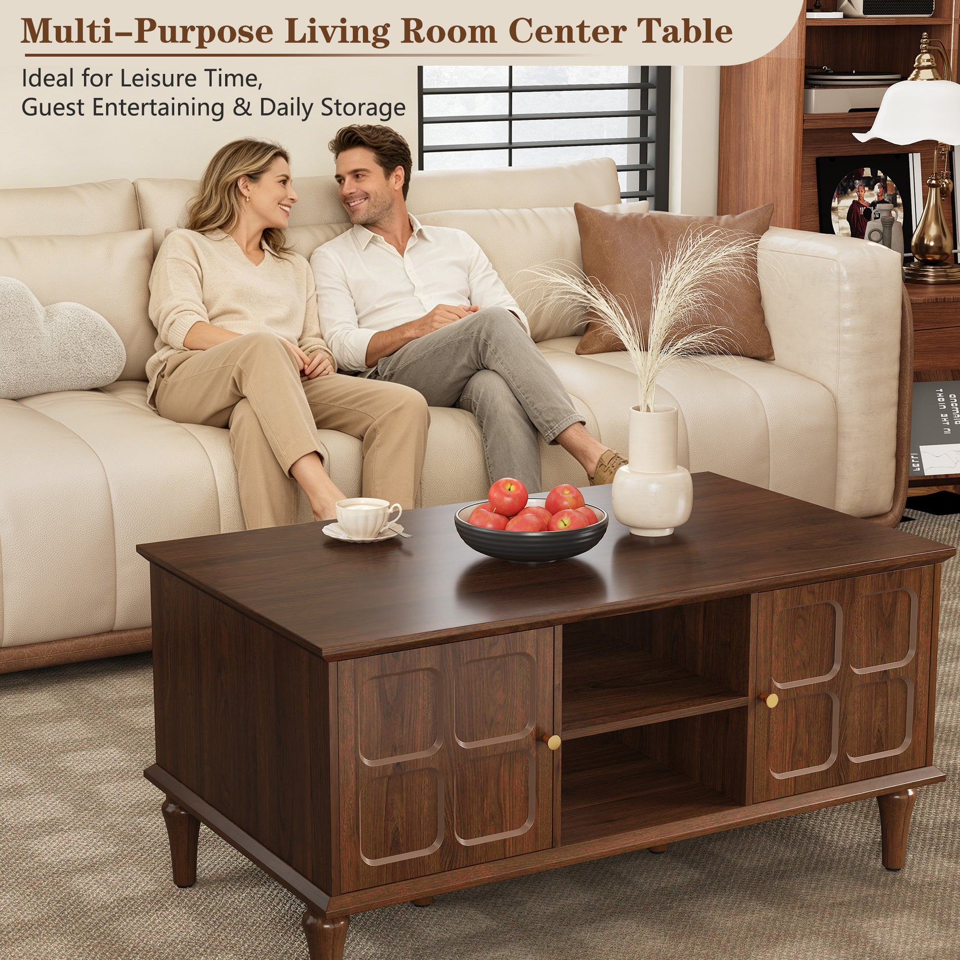 CBJCBJ Mid-Century Coffee Table,Living Room Center Table with 4-Door Storage and Open Storage, Brown