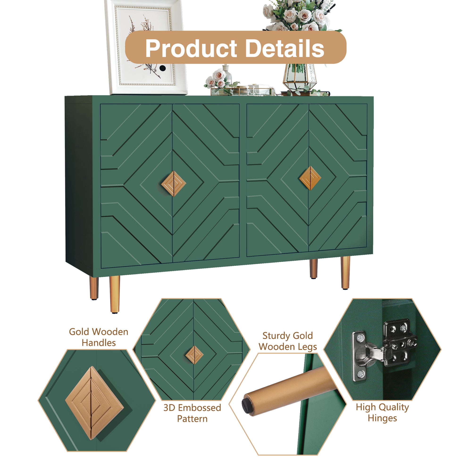 CBJCBJ 48" Modern Accent Sideboard Buffet Cabinet with 4 Doors & Shelves, Credenza for Living Room Storage,Green