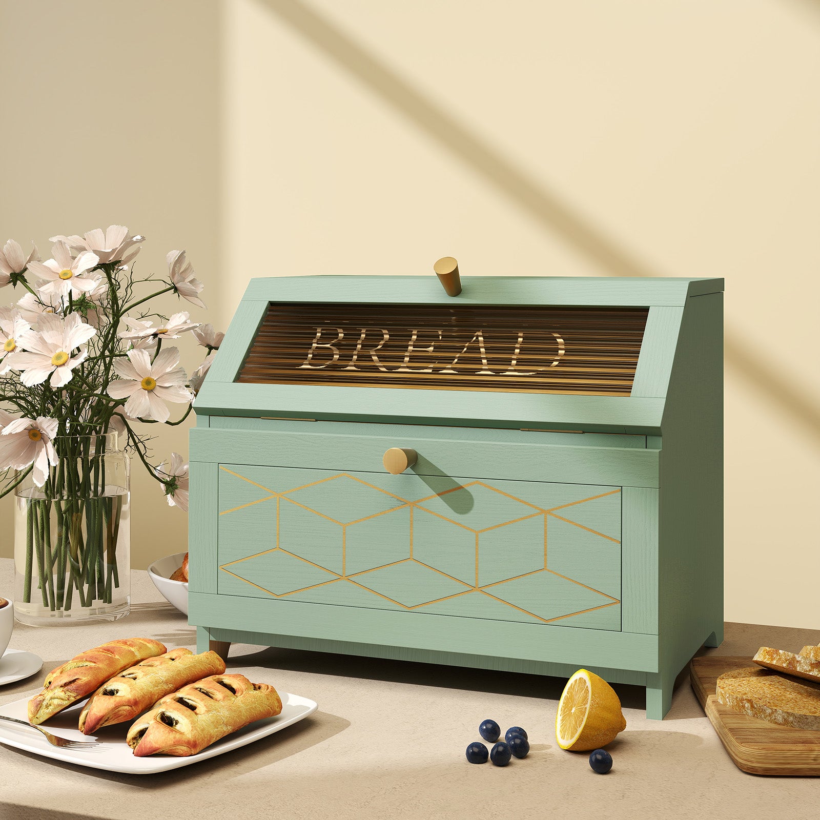 CBJCBJ 15.1" Gold-Trimmed Wooden Bread Box, Double Layer Kitchen Counter Organizer, Vintage Farmhouse Storage