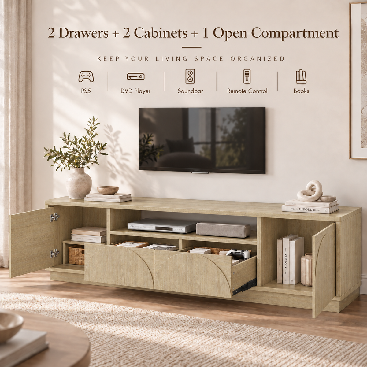 HLR Farmhouse 70" TV Stand for TVs up to 80", Entertainment Center with Storage Doors and Drawers, Natural Brown