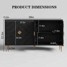 HLR 58" Modern Accent Sideboard Cabinet, 4 Doors, Adjustable Shelves, Fluted Storage Cabinet, Black