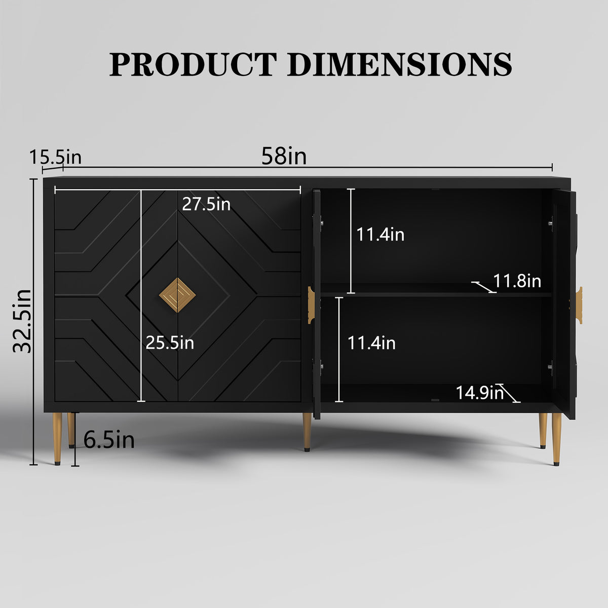 HLR 58" Modern Accent Sideboard Cabinet, 4 Doors, Adjustable Shelves, Fluted Storage Cabinet, Black