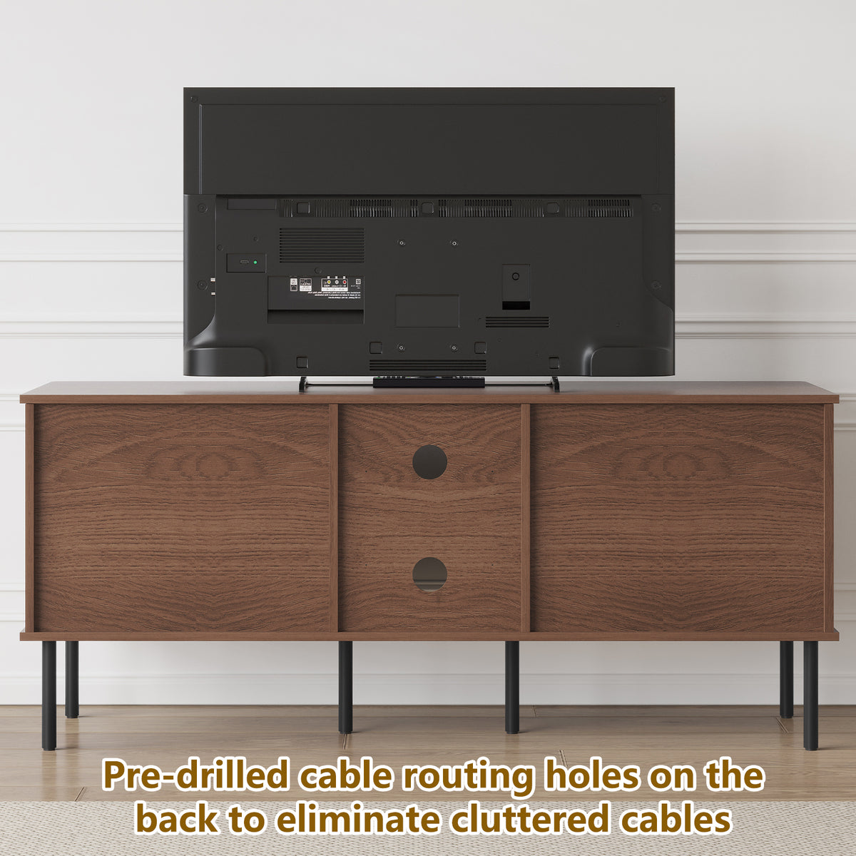 CBJCBJ Modern Mid Century 55" TV Stand for 65" TV, Entertainment Center with Storage and Openwork Cabinet Doors, Walnut