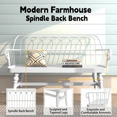 HLR Farmhouse Entryway Bench, Spindle Back Support Wood Dining Benches for Living Room, Mudroom, White