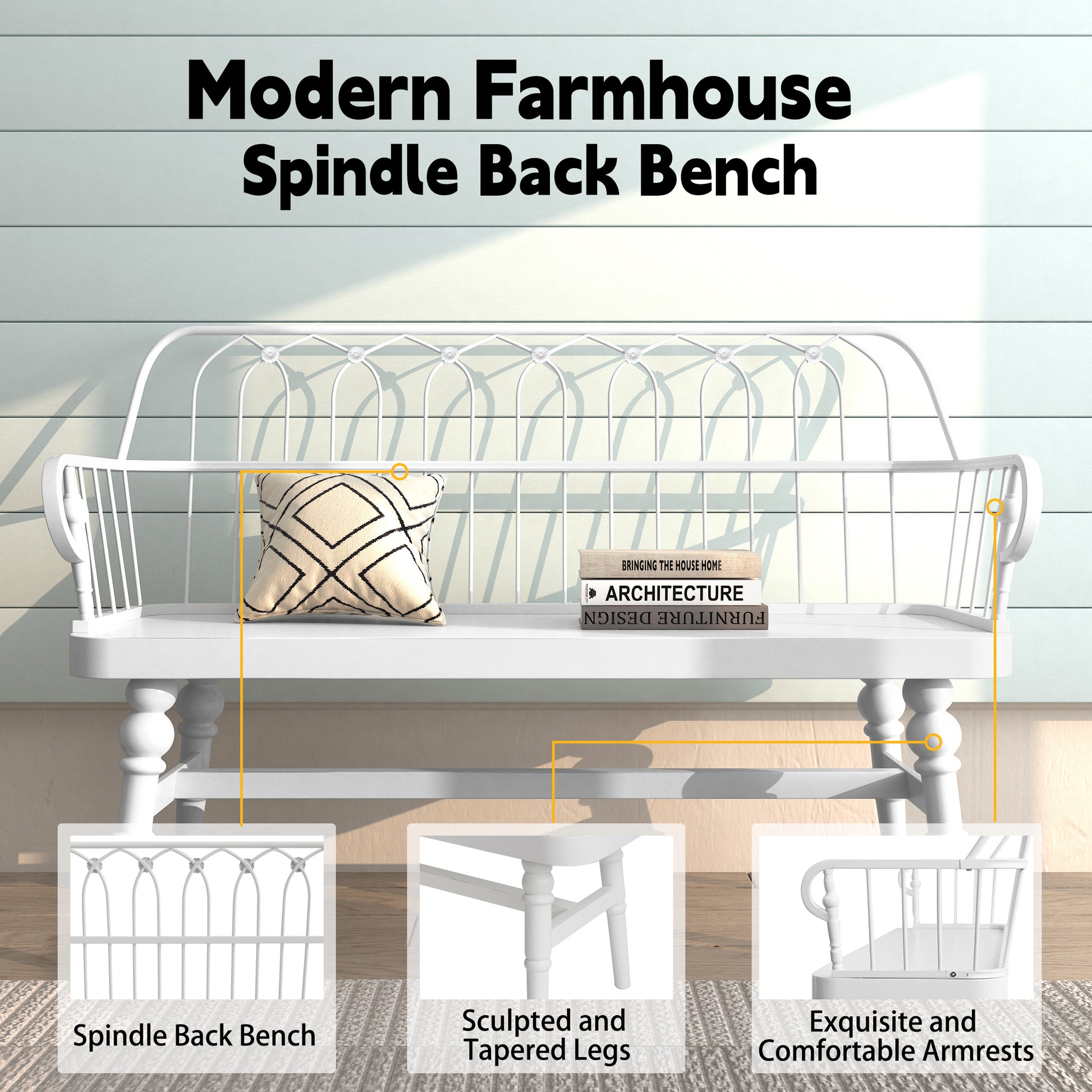 HLR Farmhouse Entryway Bench, Spindle Back Support Wood Dining Benches for Living Room, Mudroom, White