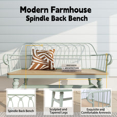 HLR Farmhouse Entryway Bench, Spindle Back Support Wood Dining Benches for Living Room, Mudroom, Green