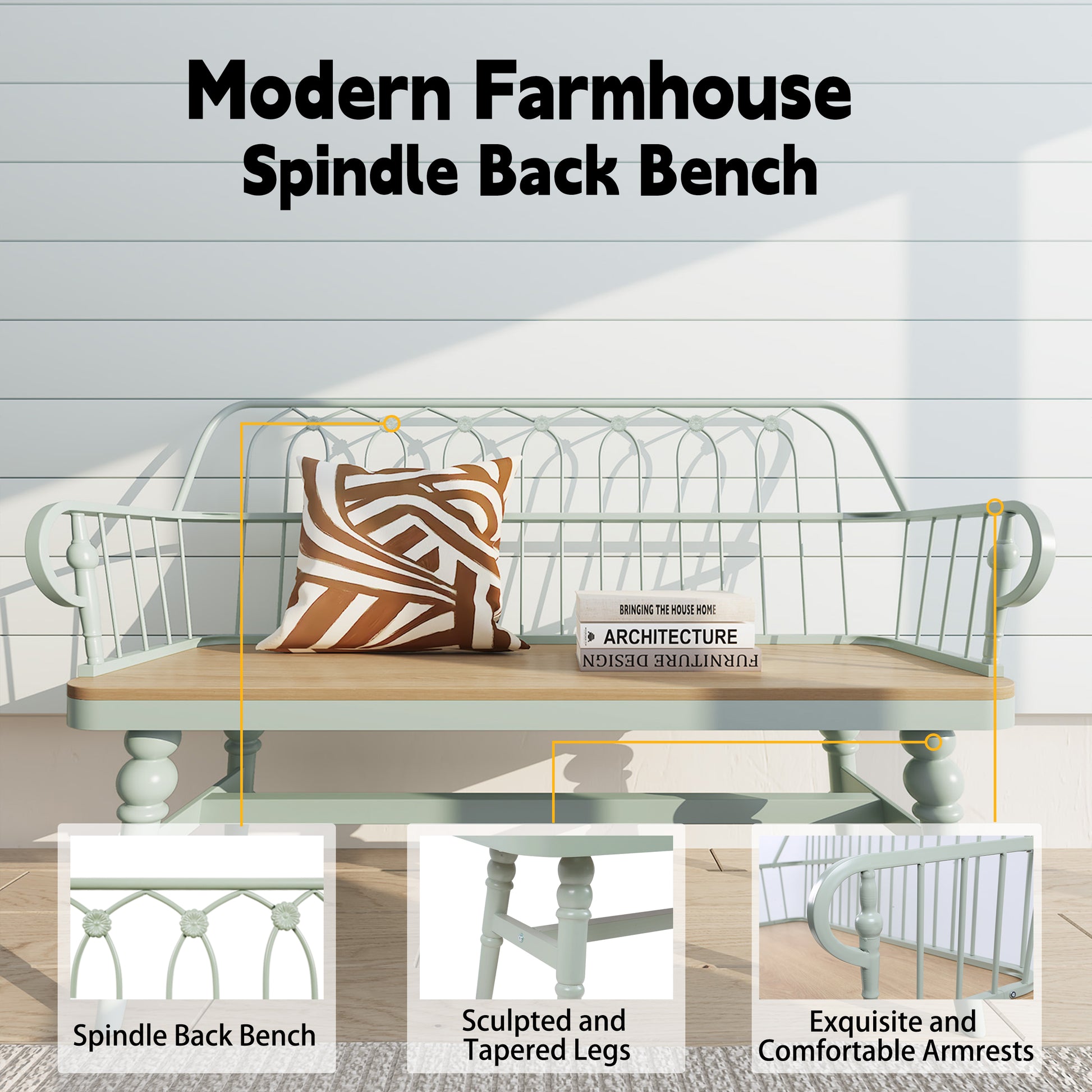 HLR Farmhouse Entryway Bench, Spindle Back Support Wood Dining Benches for Living Room, Mudroom, Green