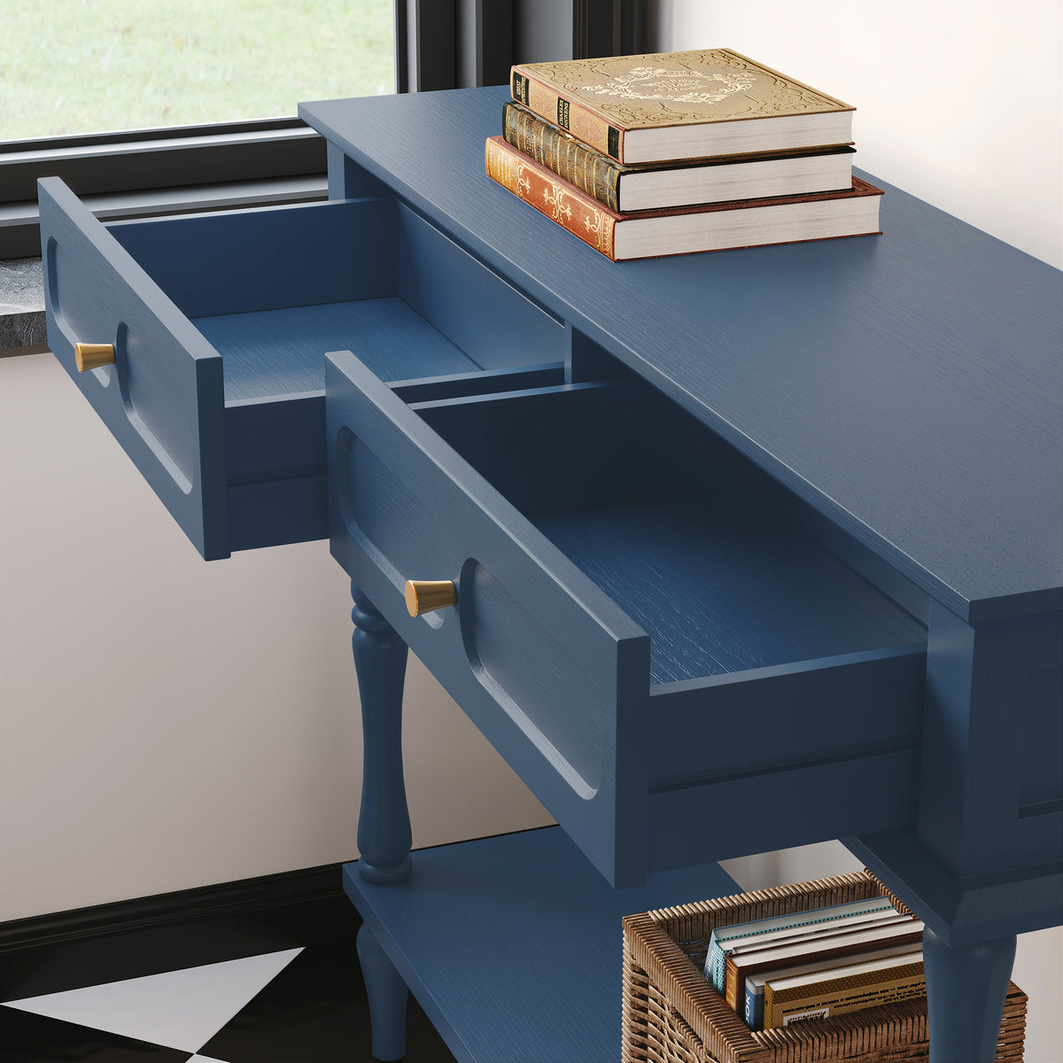 CBJCBJ Minimal Assembly Console Table, Entryway Table with 2 Drawers and Open Shelf, for Living Room, Blue
