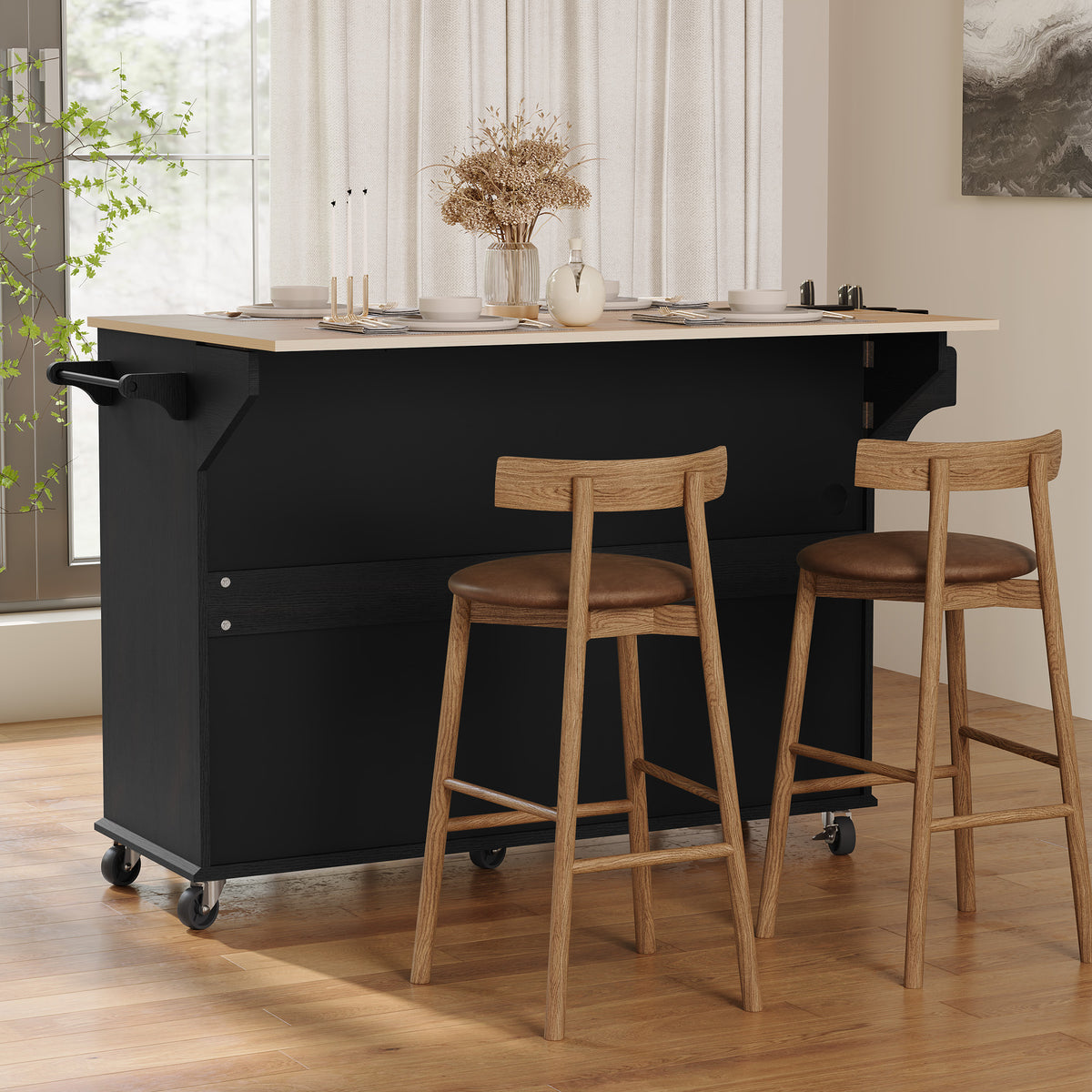 HLR Mid-Century 60" Kitchen Island with Trash Can Storage, Rolling Island Table, Black