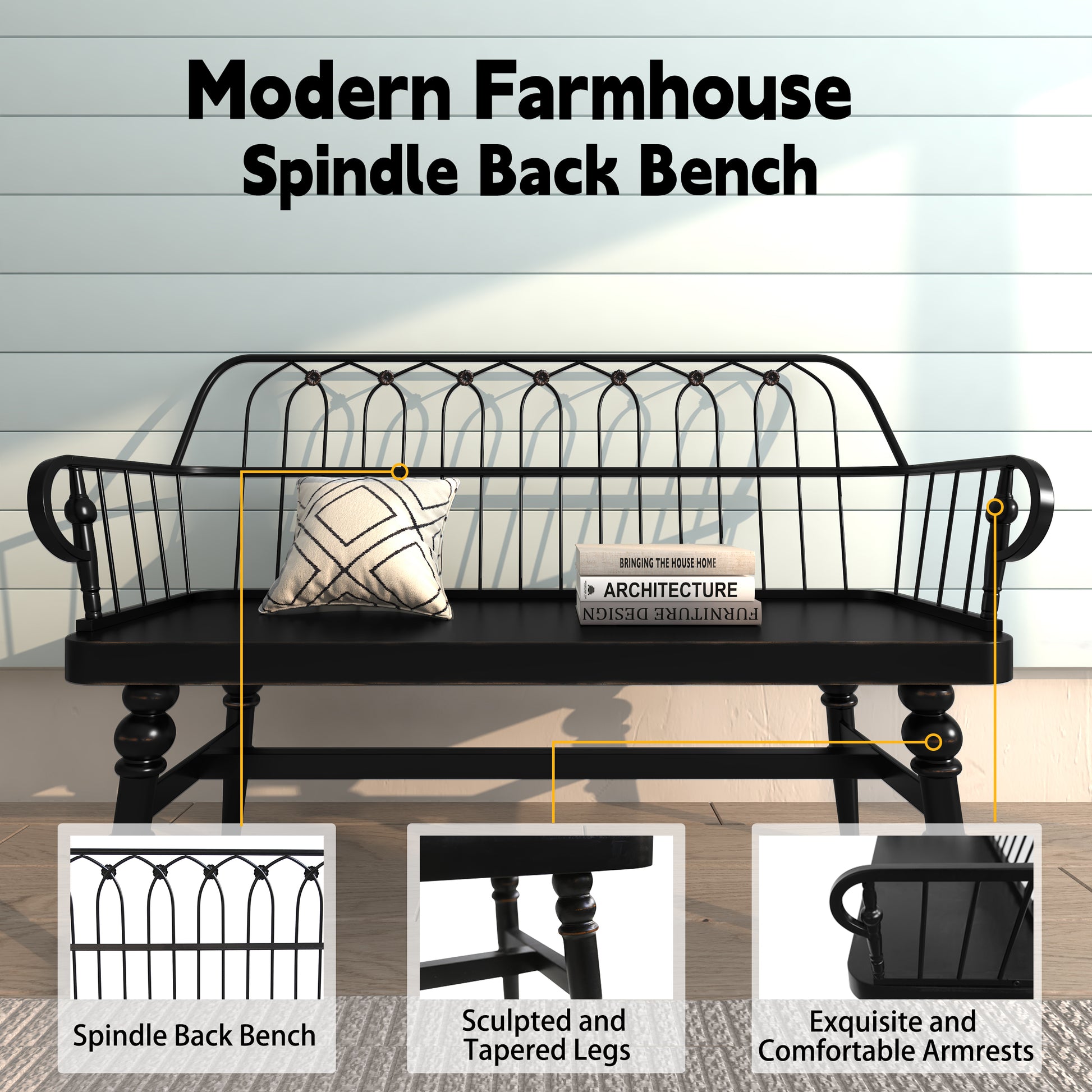CBJCBJ Rustic Farmhouse Solid Wood Entryway Bench with Spindle Back, Small Indoor Wooden Dining Bench, Black