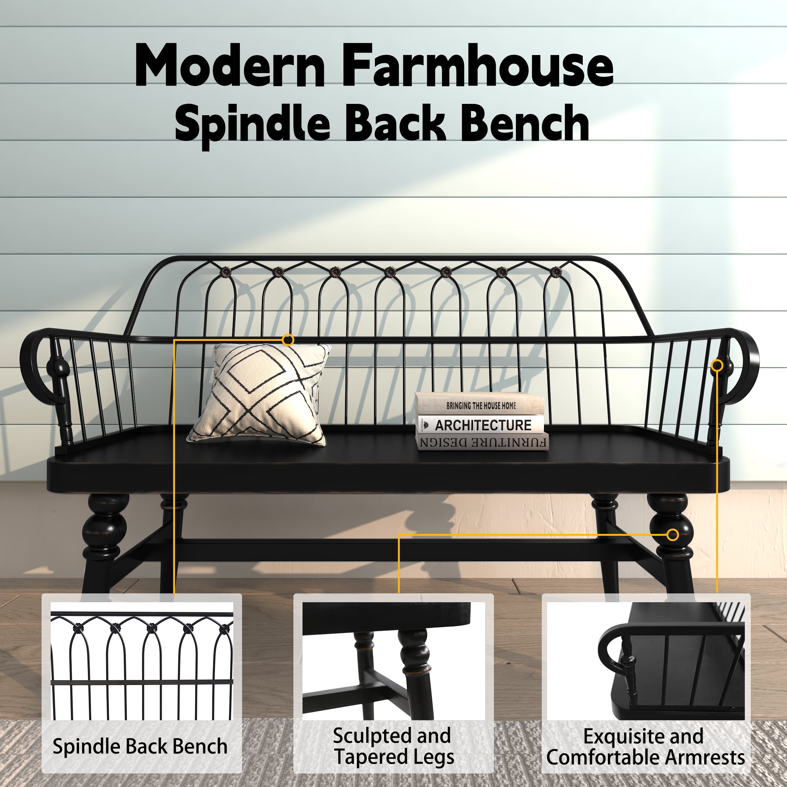 CBJCBJ Rustic Farmhouse Solid Wood Entryway Bench with Spindle Back, Small Indoor Wooden Dining Bench, Black