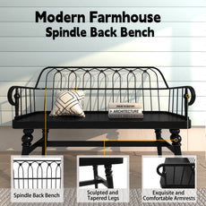 HLR Farmhouse Entryway Bench, Spindle Back Support Wood Dining Benches for Living Room, Mudroom, Black