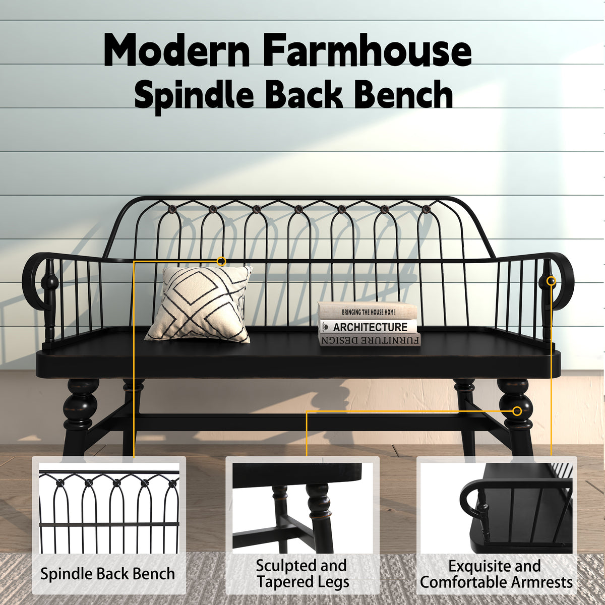 HLR Farmhouse Entryway Bench, Spindle Back Support Wood Dining Benches for Living Room, Mudroom, Black