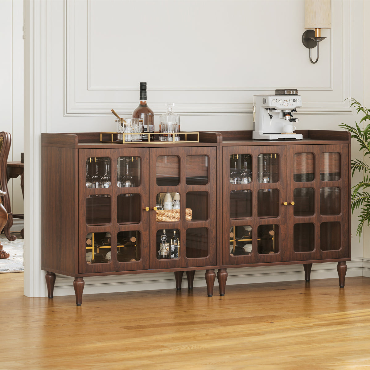 HLR Large Sideboard Buffet Cabinet with Storage, 32" Mid-Century Brown Coffee Wine Bar with 2 Glass Doors, Outlets