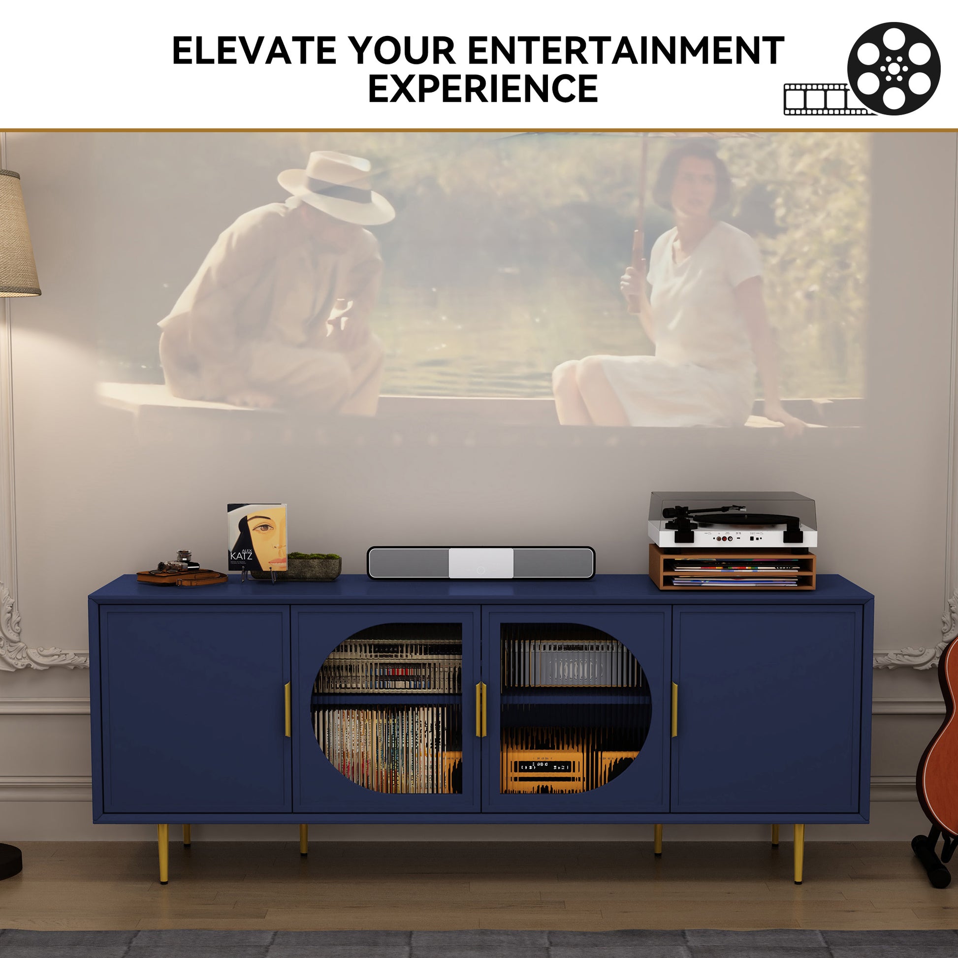 CBJCBJ 66" TV up to 75" Stand for Living Room, Entertainment Center with Glass Storage Cabinet