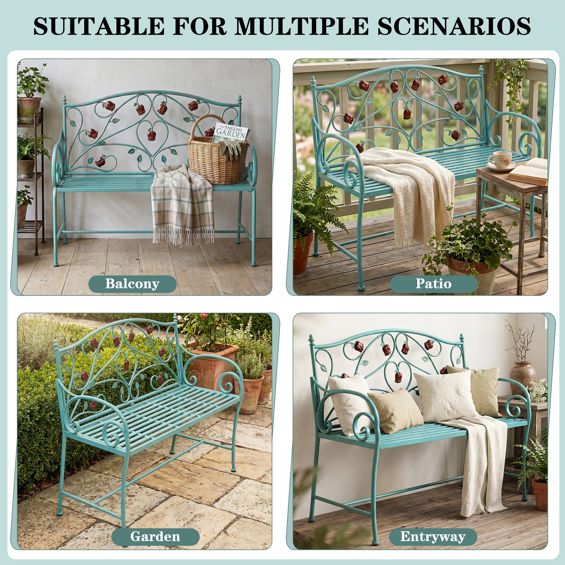 CBJCBJ 42" Waterproof Outdoor Bench ,Indoor Entryway Stools with Metal Rose Design, for Gardens/ Lawns,Blue