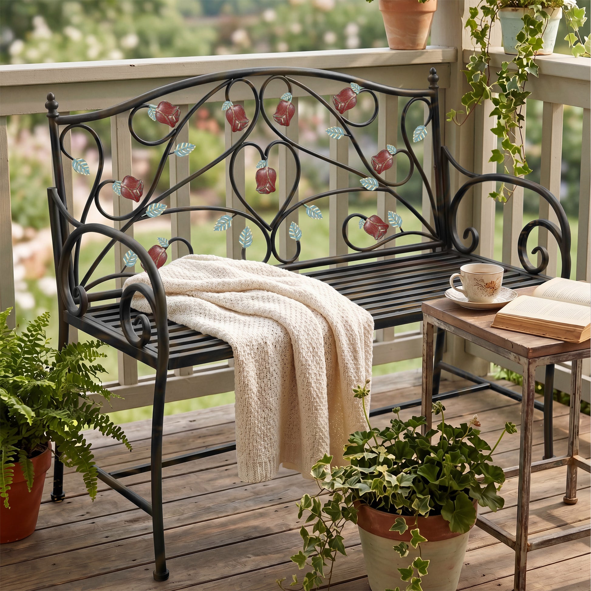 CBJCBJ 42" Waterproof Outdoor Bench ,Indoor Entryway Stools with Metal Rose Design, for Gardens/ Lawns,Black