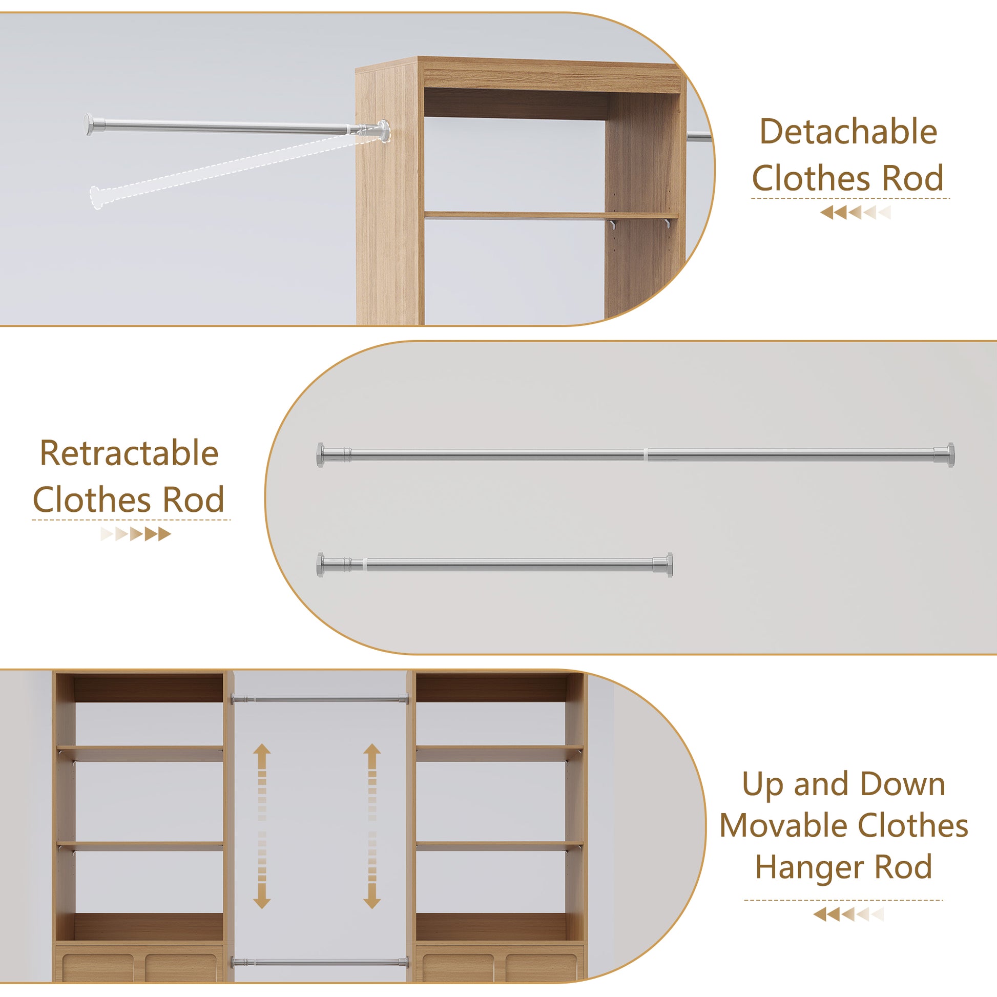 HLR Open Wardrobe Closet System with Adjustable Hanging Rods, Storage Cabinet with Drawers and Shelves,Brown