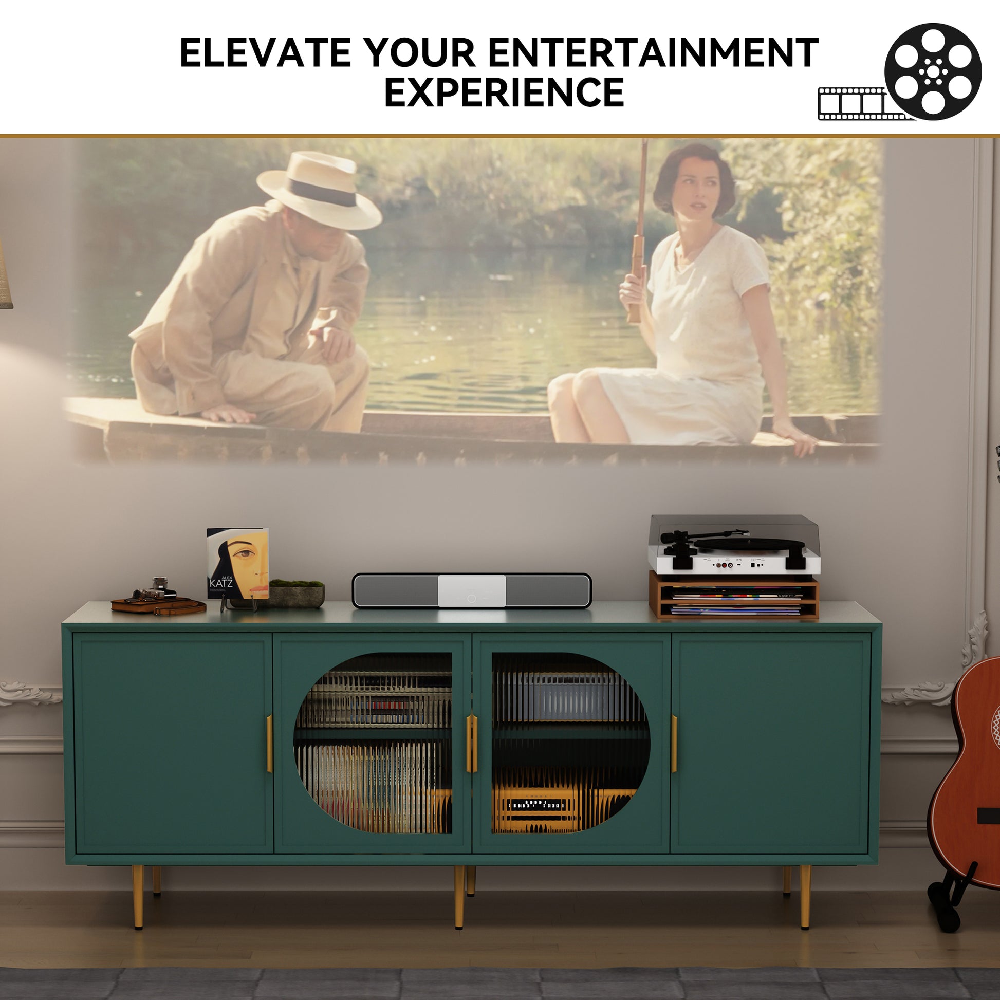CBJCBJ 66" TV up to 75" Stand for Living Room, Entertainment Center with Glass Storage Cabinet,Green