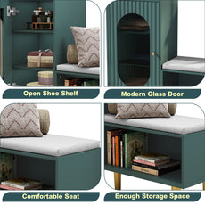 CBJCBJ Modern Storage Bench with Glass Door & Shelf - L-Shaped Entryway Cabinet, Padded Seat for Hallway/Bedroom/Office,Green