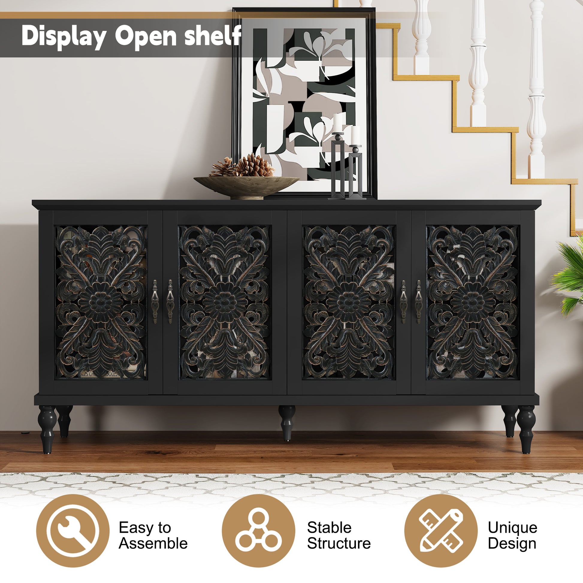 HLR 61.8" Accent Cabinet, 4 Doors Sideboards and Buffets Cabinet Buffet Cabinet with Storage for Living Room, Black