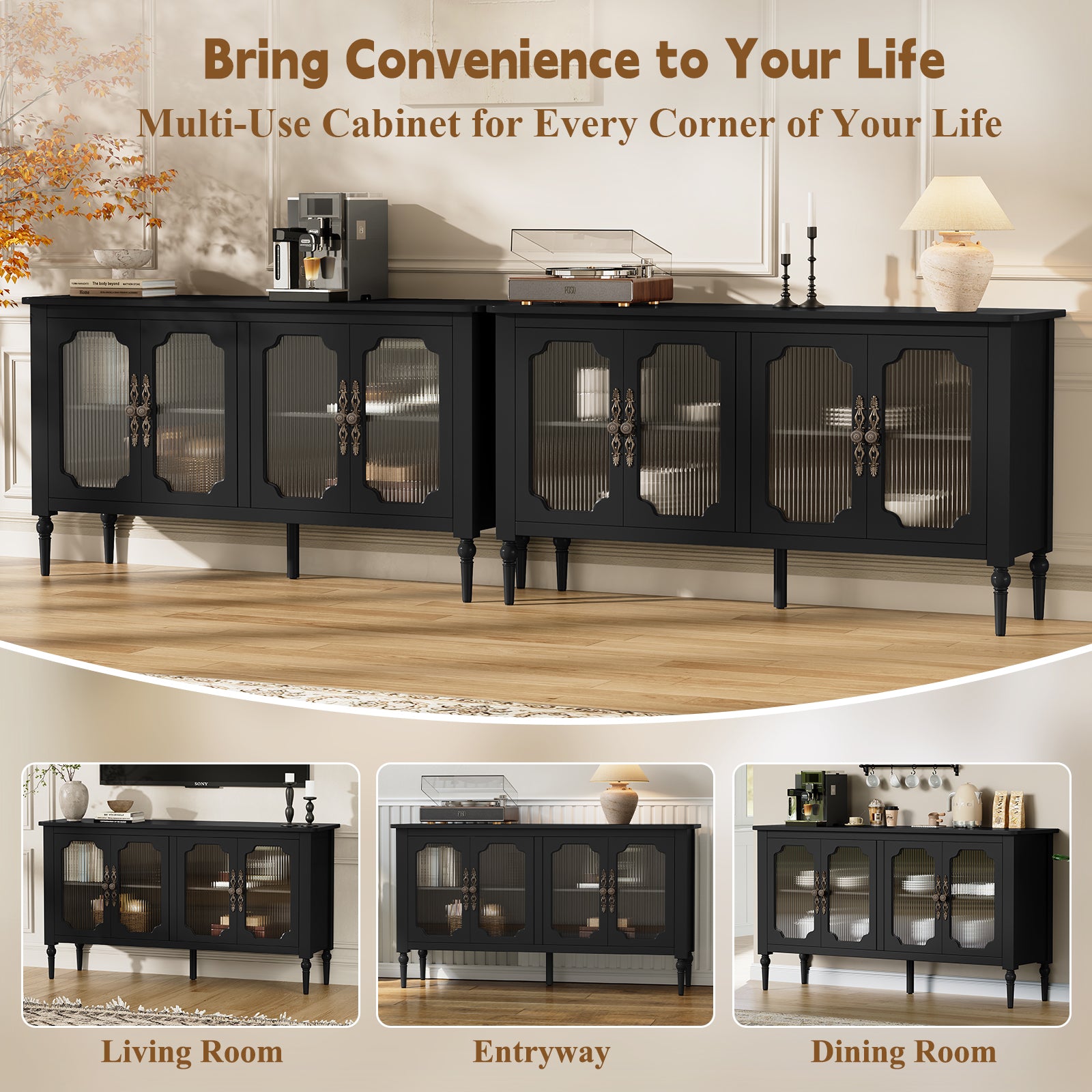 HLR 58'' Large Sideboard Buffet Cabinet with Storage, 4 Glass Modern Credenza Table for Kitchen, Black