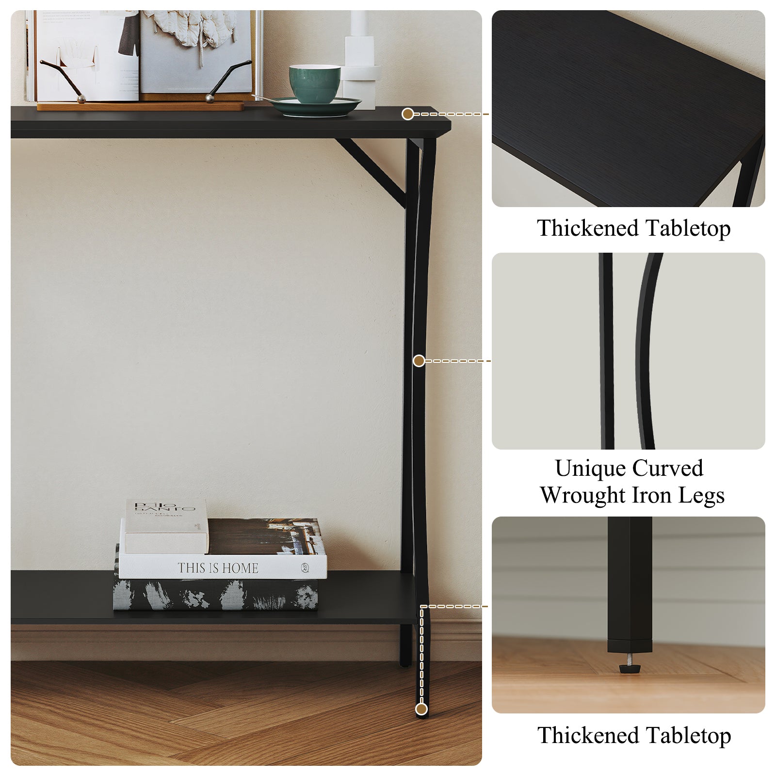 CBJCBJ Narrow Console Table with Charging Station, 2-Tier Simple Entryway Table for Living Room Hallway,Black