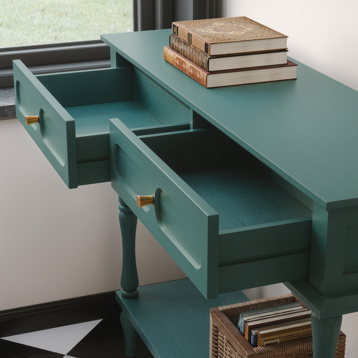 CBJCBJ Minimal Assembly Console Table, Entryway Table with 2 Drawers and Open Shelf, for Living Room, Green