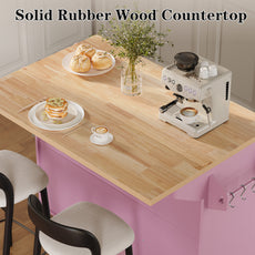 HLR 51.7" W Rolling Kitchen Islands Cart, Adjustable Shelves, Breakfast Bar, Storage Cabinets,Pink