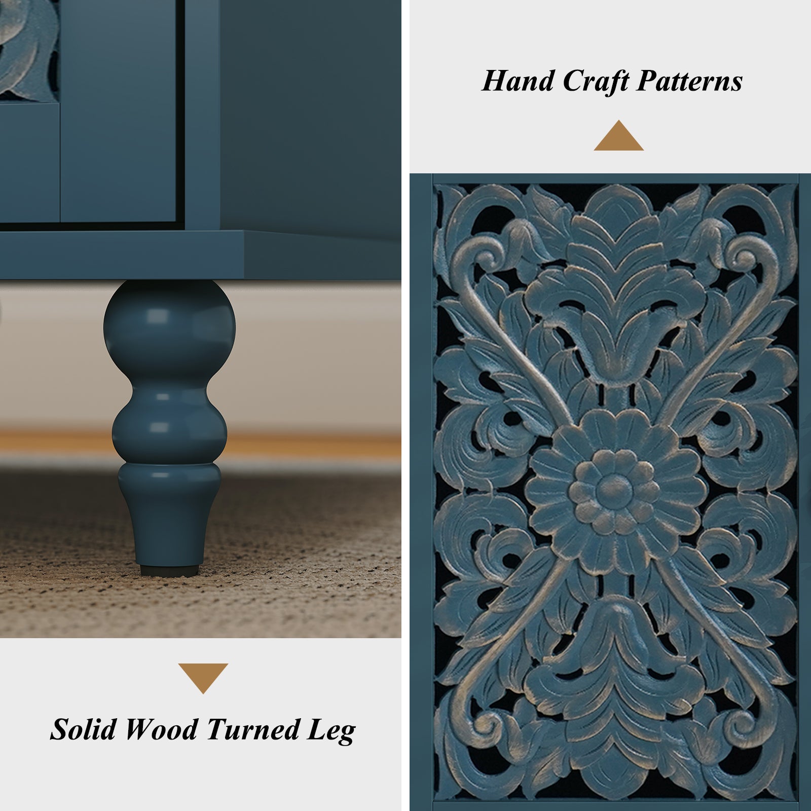 CBJCBJ Retro Carved End Table with Socket, Side Table with Open Compartment and Storage Cabinet, Bedside Table for Bedroom,Blue