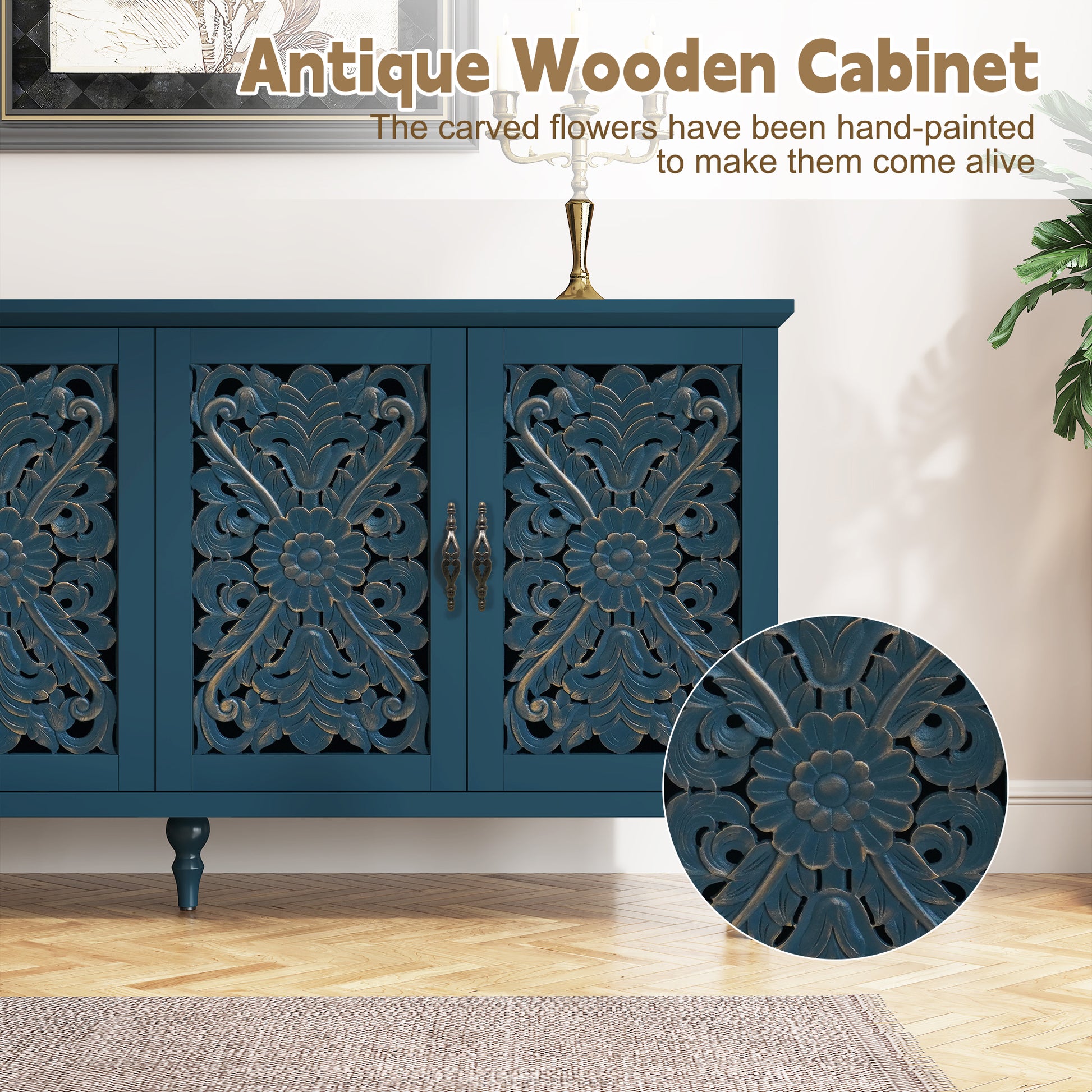 CBJCBJ Mid-Century Retro 62" Wood Openwork Carved 4 Door Sideboard Buffet Cabinet for Living Dining & Bedroom,Blue