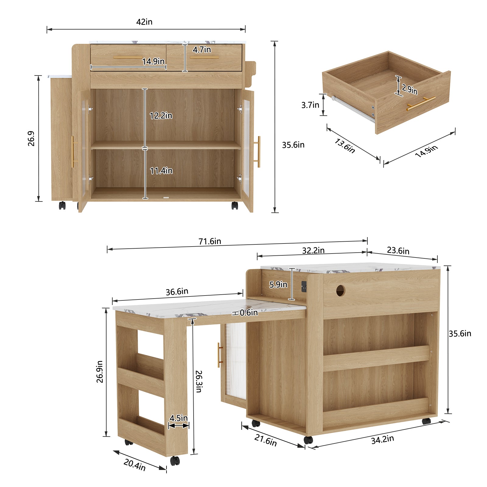 CBJCBJ Kitchen Island with Storage | Expandable Retractable on Wheels 71.65" L | Space-Saving of Island Cart, Beige