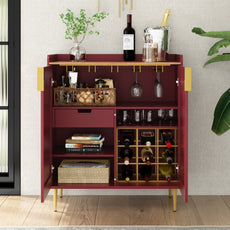 CBJCBJ Modern Wine Cabinet, Home Bar Cabinet with Storage Drawers and Wine Rack, Kitchen Sideboard,Red