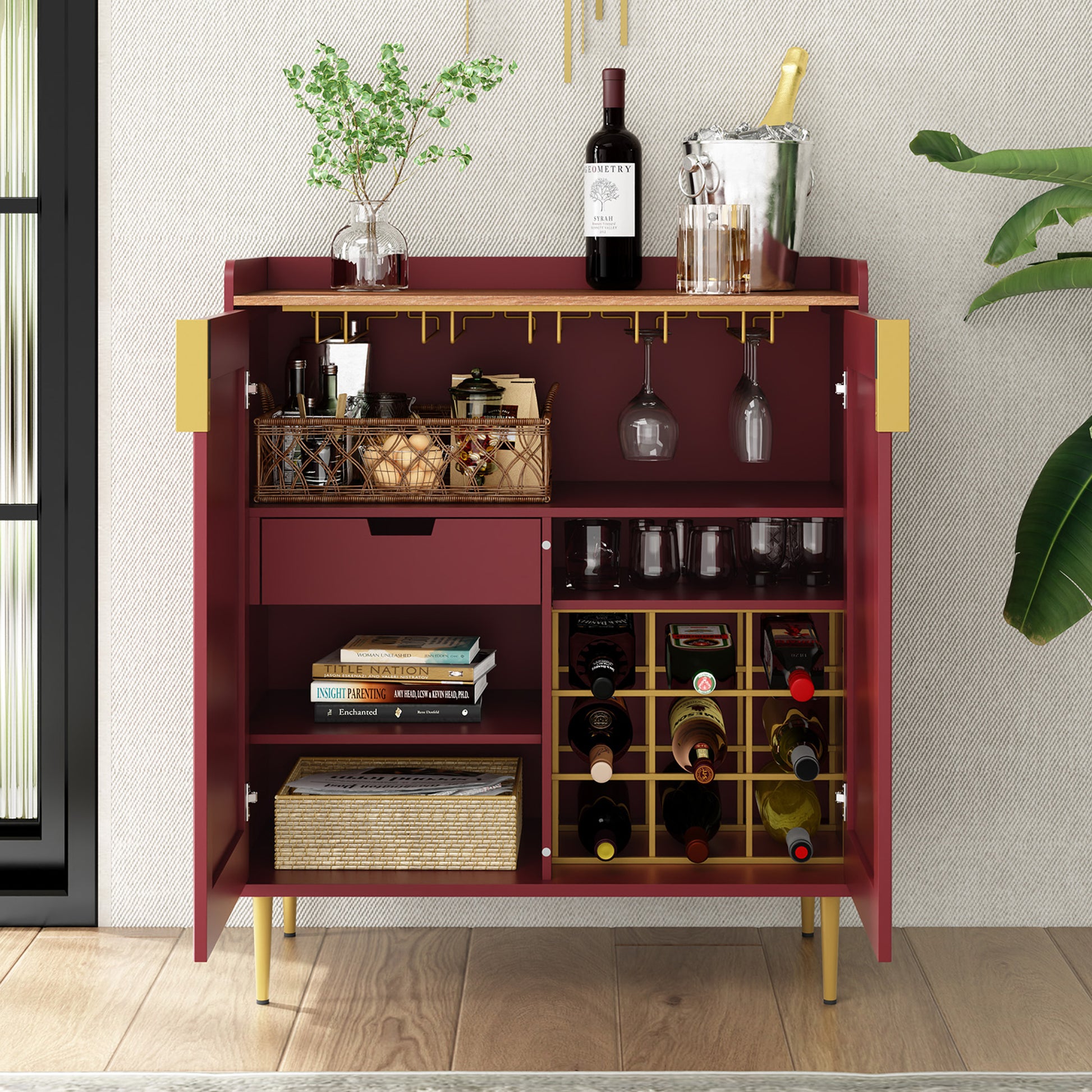 CBJCBJ Modern Wine Cabinet, Home Bar Cabinet with Storage Drawers and Wine Rack, Kitchen Sideboard,Red