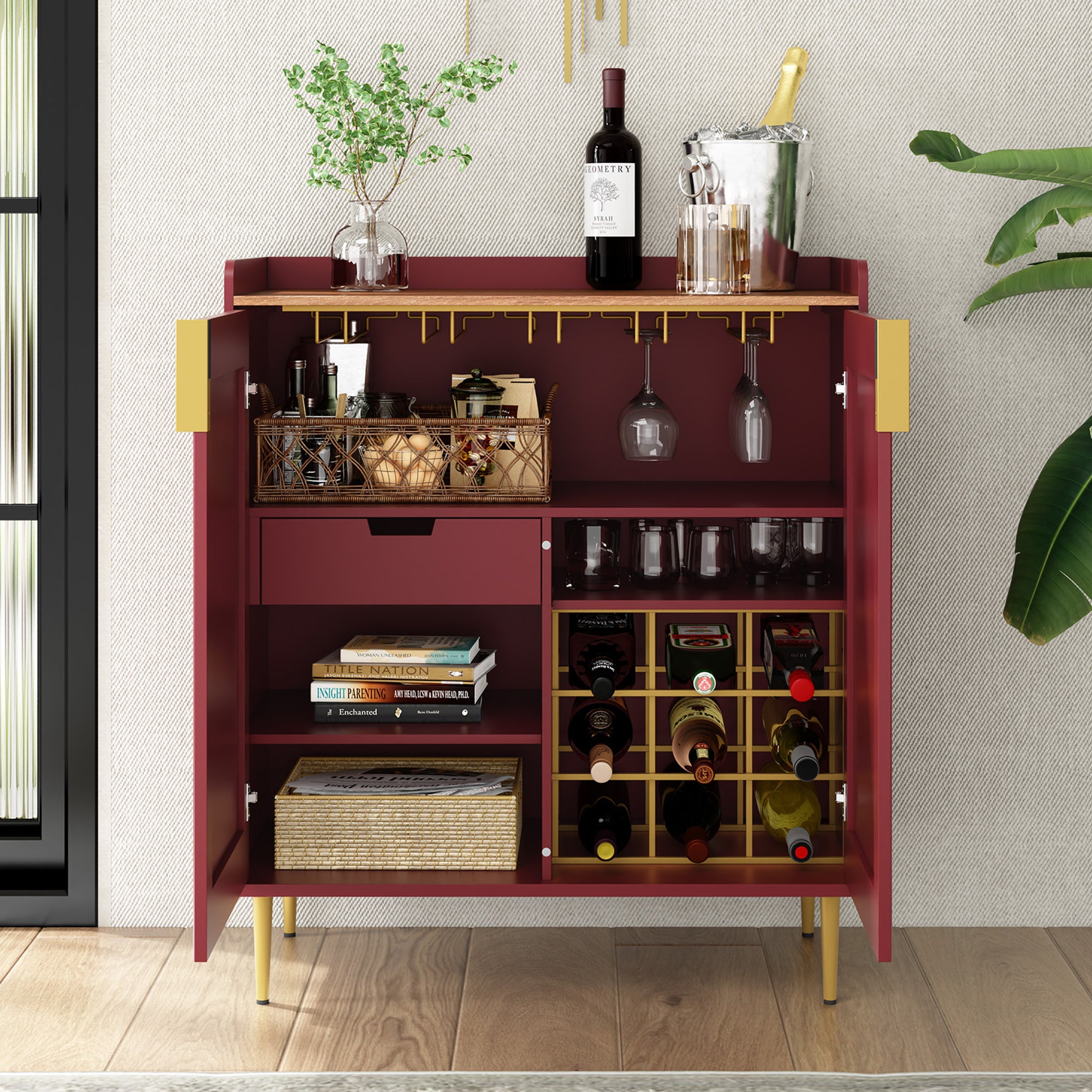 CBJCBJ Modern Wine Cabinet, Home Bar Cabinet with Storage Drawers and Wine Rack, Kitchen Sideboard,Red