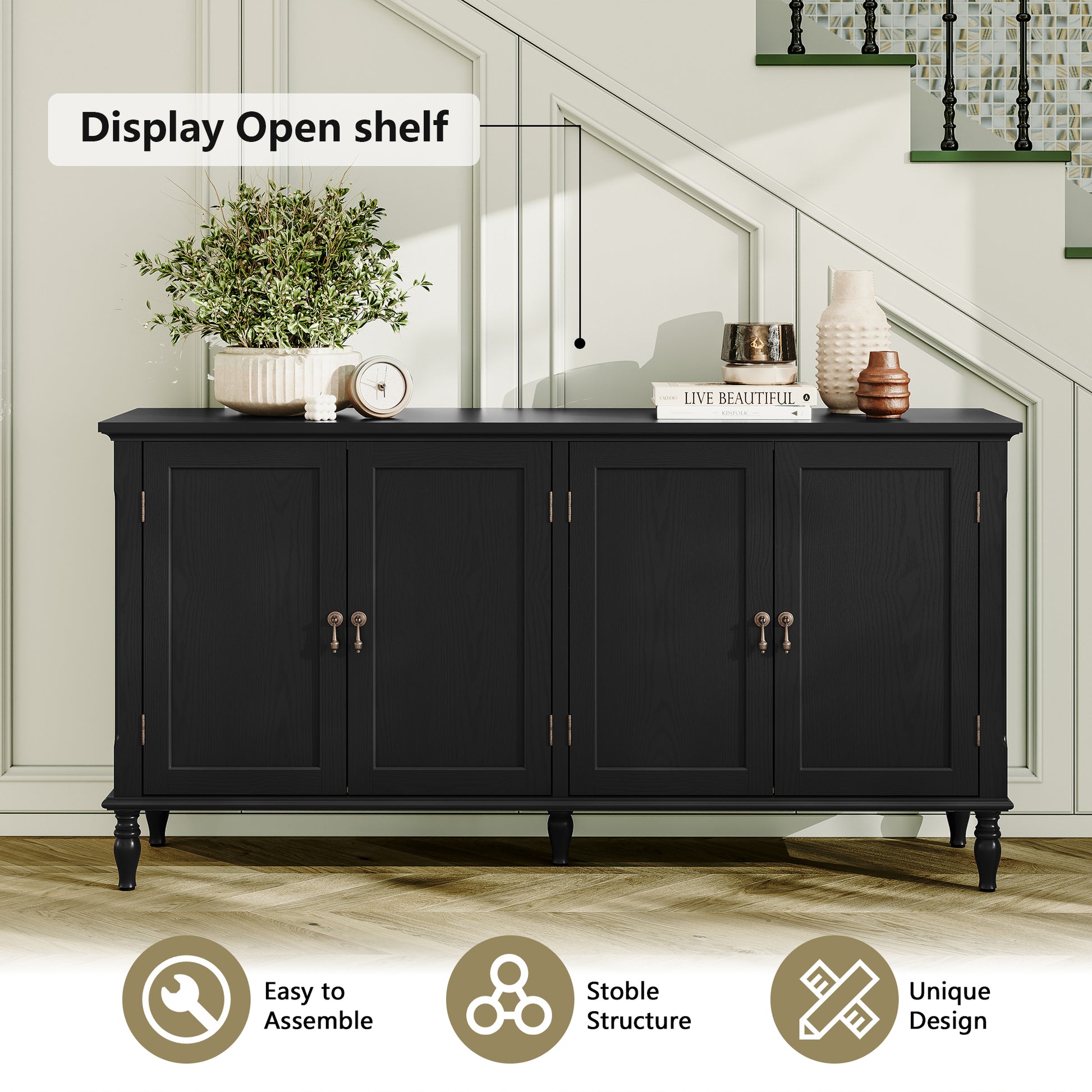CBJCBJ 58" Retro Sideboard Buffet Cabinet with Storage, Accent Cabinet for Kitchen, Living Room,Black