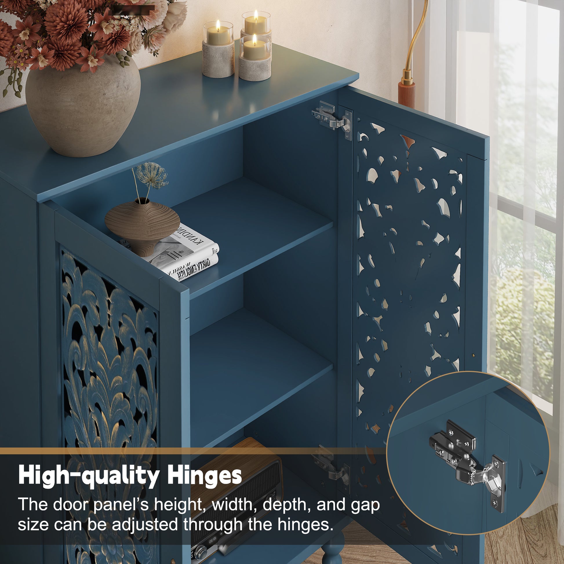 HLR Buffet Cabinet with Storage Accent Sideboard, Modern Hollow 2 Doors Credenza for Dining Room, Blue