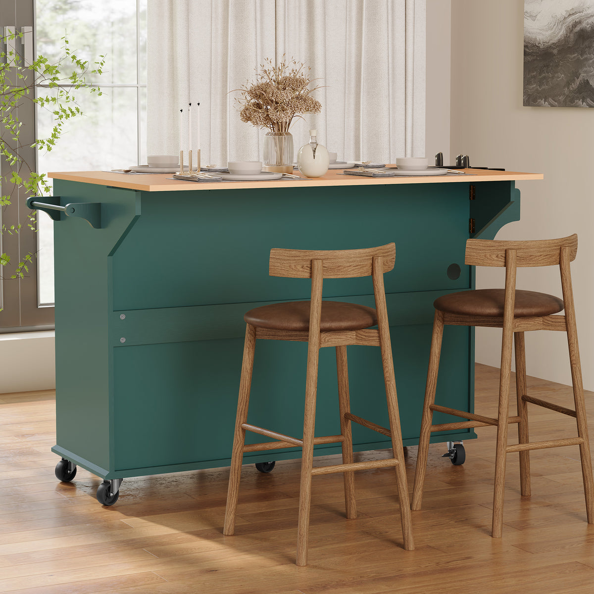 HLR Mid-Century 60" Kitchen Island with Trash Can Storage, Rolling Island Table, Green