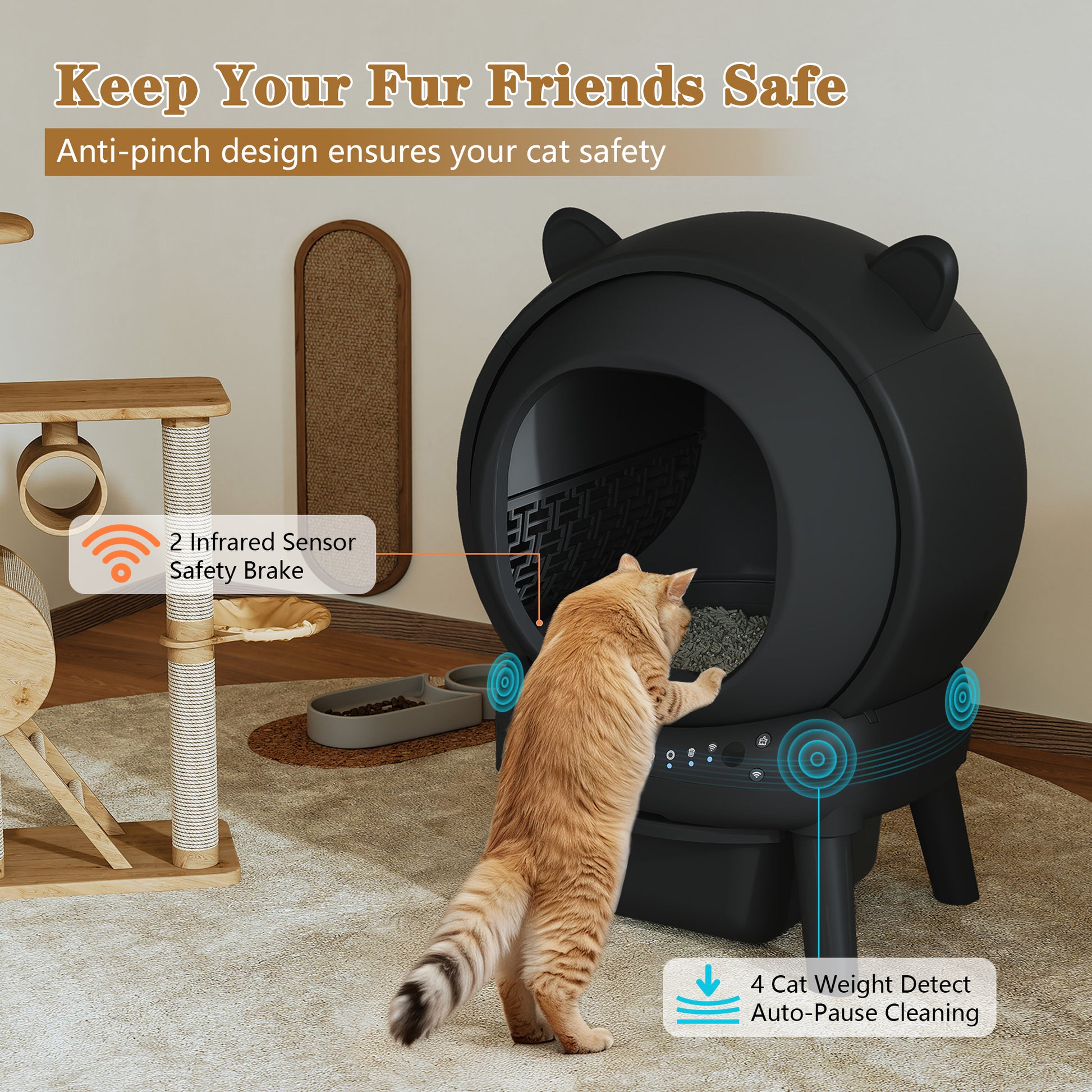 HLR 60L Smart Automatic Self-Cleaning Cat Litter Box, APP Control/Integrated Safety Protection, Cat Ears Design, White