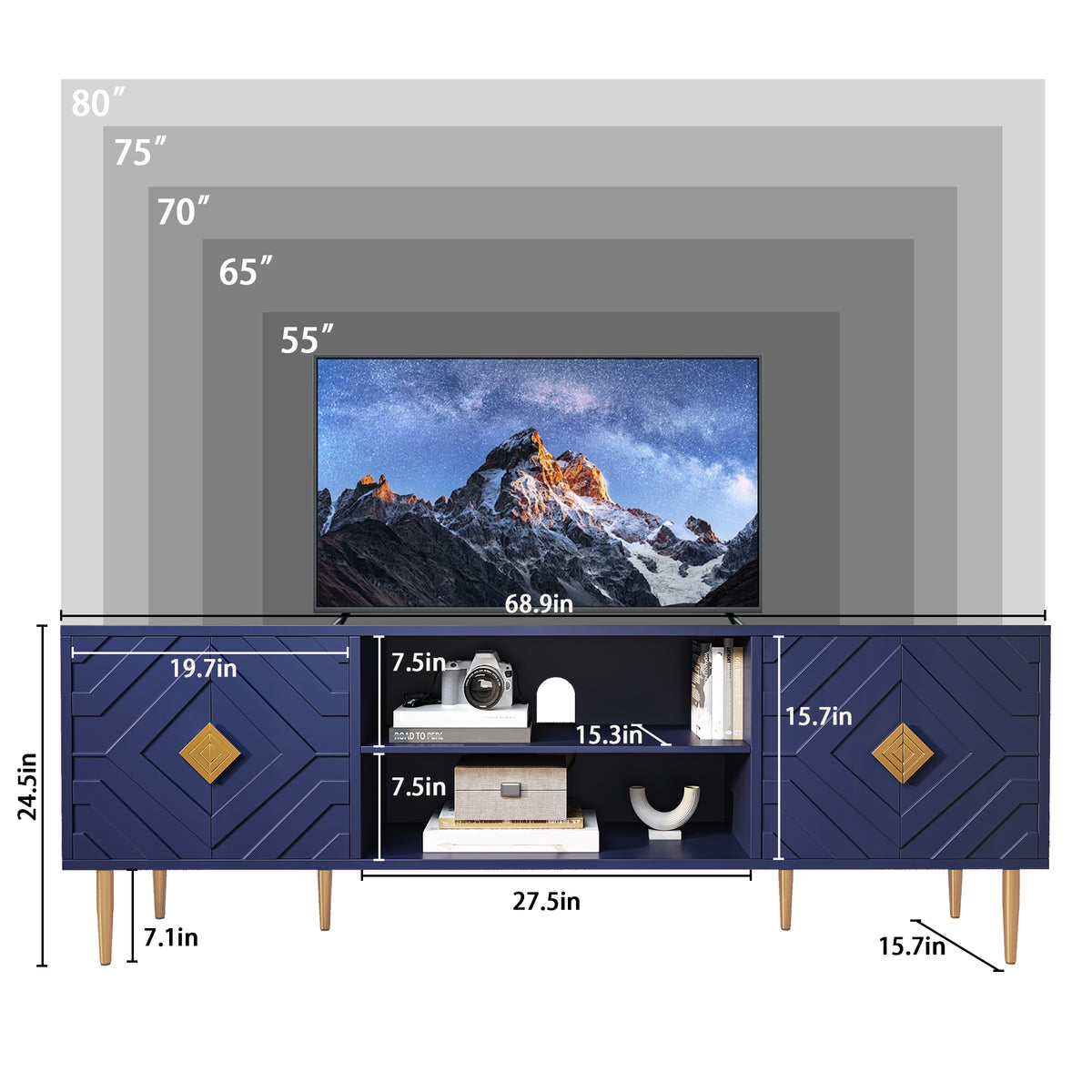 HLR Modern 70" TV Stand, for TVs up to 80", Living Room Entertainment Center with 4 Door Storage Cabinet, Blue