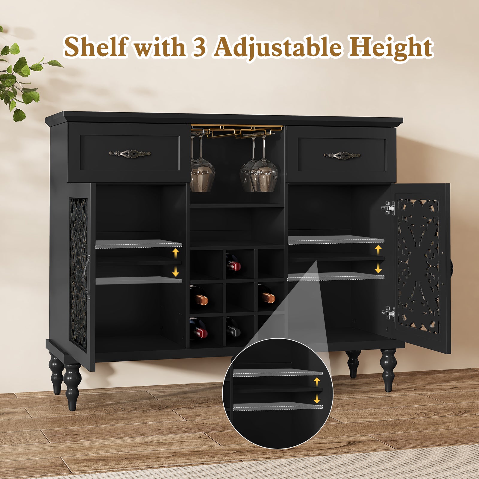 HLR 47.2" Wine Bar Cabinet, Retro Sideboard Buffet Coffee Bar with Storage for Living Room, Black