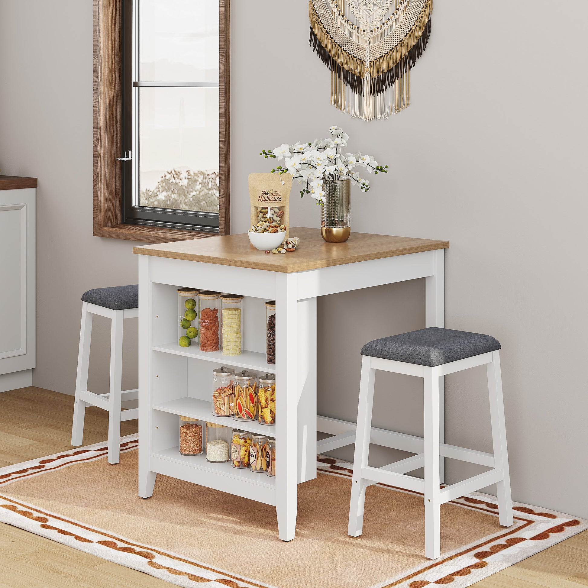 HLR Farmhouse Dining Table Set for 2, Small Kitchen Table Chairs Set of 2 with Tufted for Apartment, White