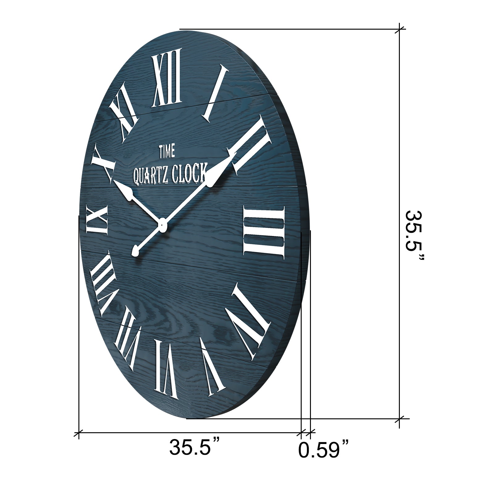 HLR 35.5” Farmhouse Large Shiplap Round Wall Clock with Roman Numeral for Living Room Decor, Navy Blue