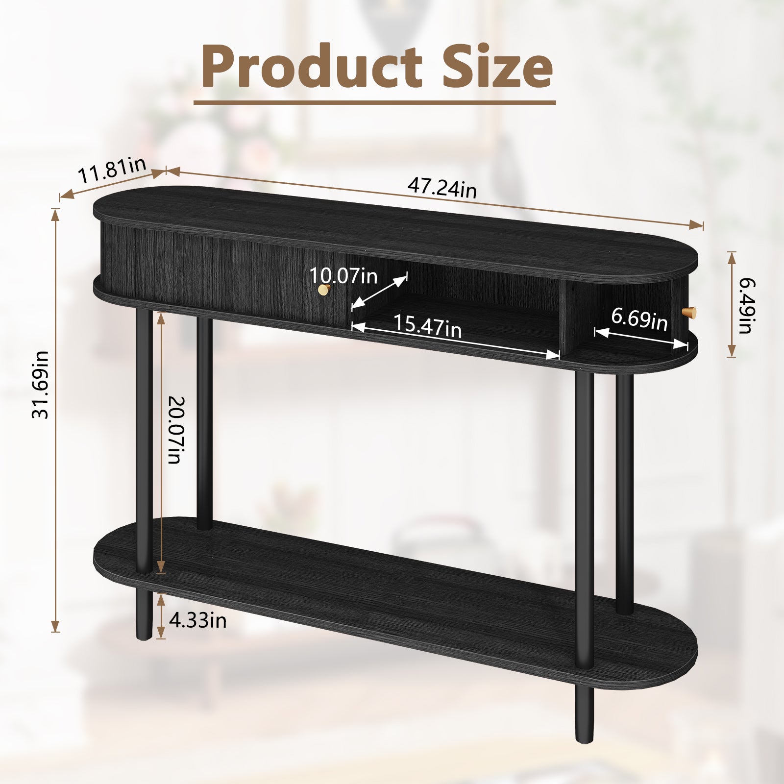 CBJCBJ 47.5" Console Modern Entryway Table with Wood Tambour Door Sofa Console &Storage Shelf for Hallway, Living Room（Black）