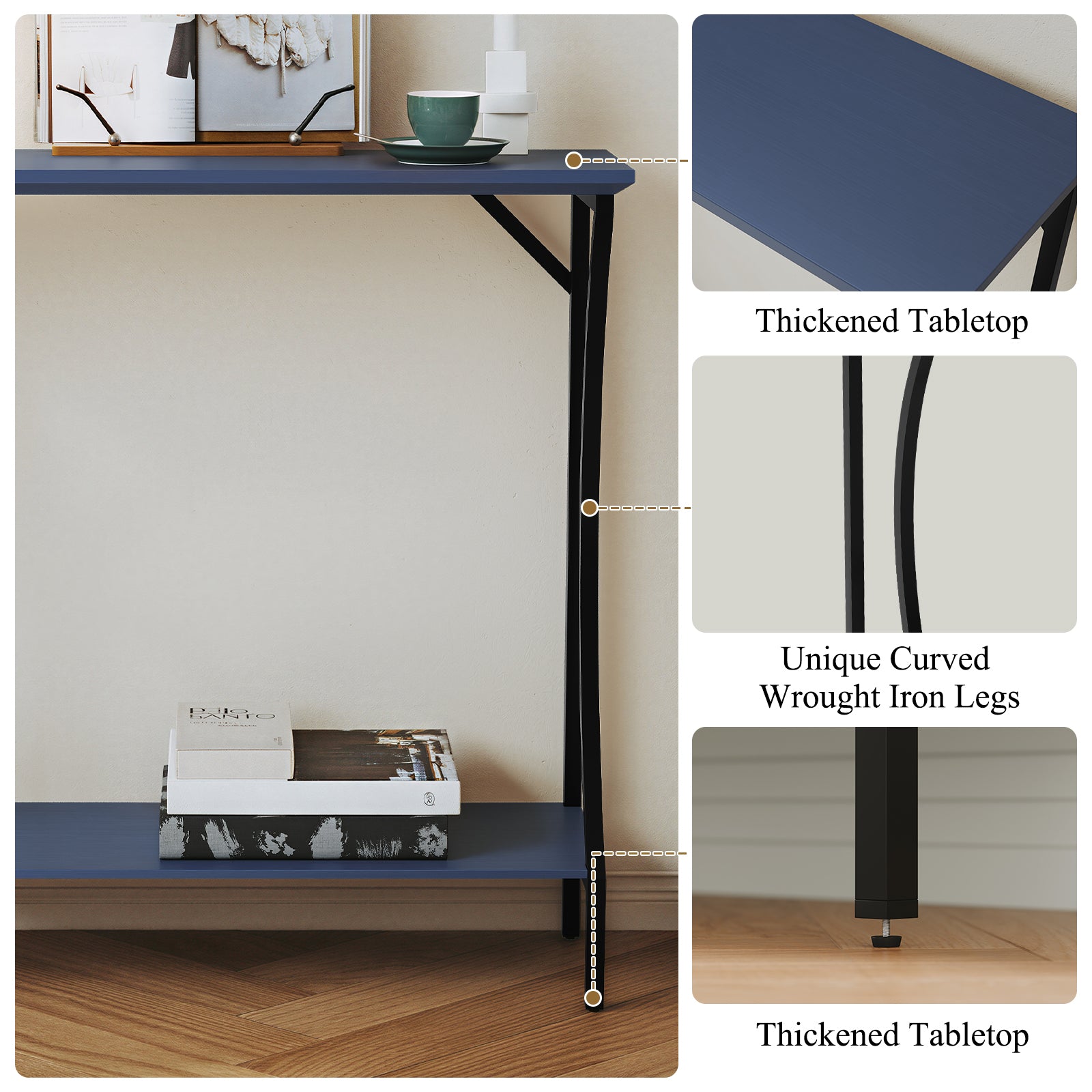 CBJCBJ Narrow Console Table with Charging Station, 2-Tier Simple Entryway Table for Living Room Hallway,Blue