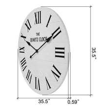 HLR 35.5” Farmhouse Large Shiplap Round Wall Clock with Roman Numeral for Living Room Decor, White