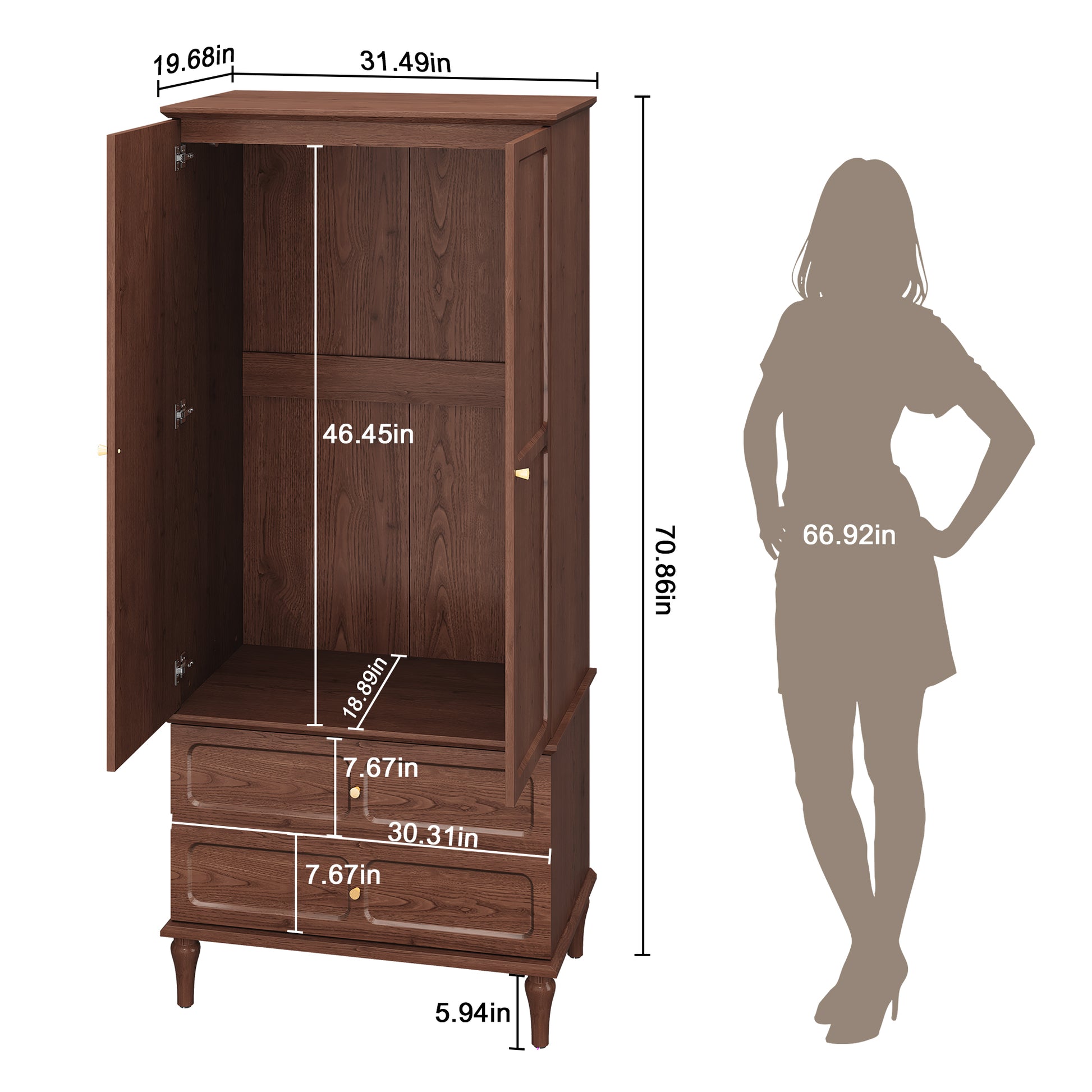 HLR 71" Tall Modern Wood Armoire Wardrobe Closet, Freestanding Cabinet with Hanging Rod for Bedroom