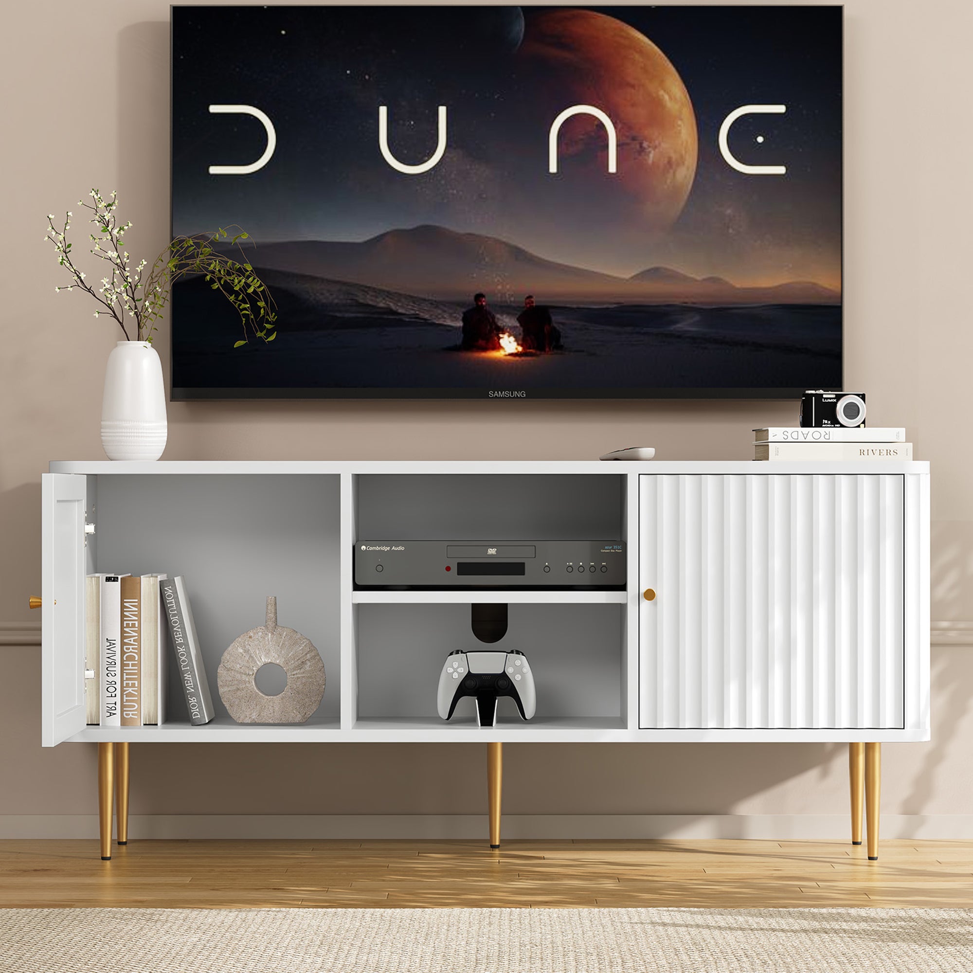 CBJCBJ Modern Fluted 55" TV Stand for 65inch TV with Storage, Entertainment Center for Living Room, White