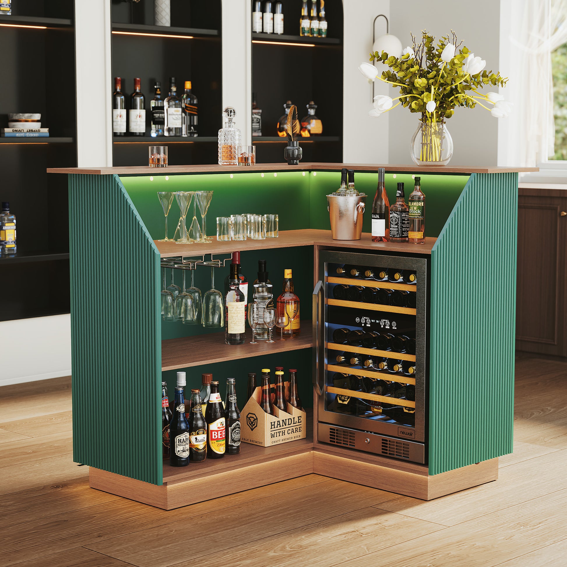 HLR L-Shaped Home Bar Cabinet with Fridge Space, 4-Tier Corner Bar Unit Wine Cabinet with Storage, Green