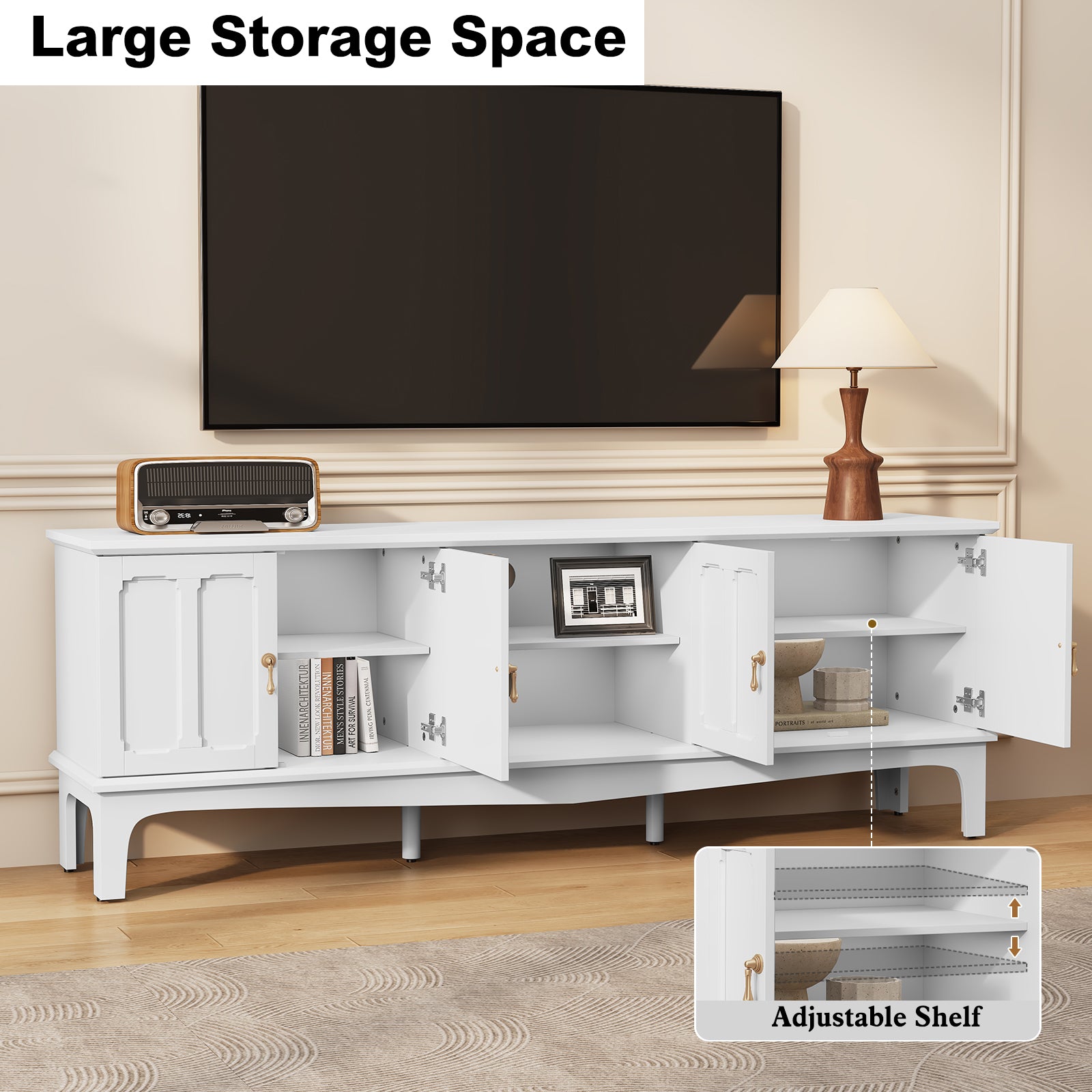 CBJCBJ Retro 67" TV Stand for TVs up to 70", Living Room Entertainment Center with 4 Door Storage Cabinet